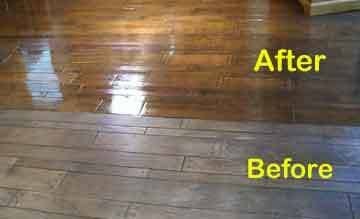 Hardwood flooring showing the dull before area and the restored glossy after area