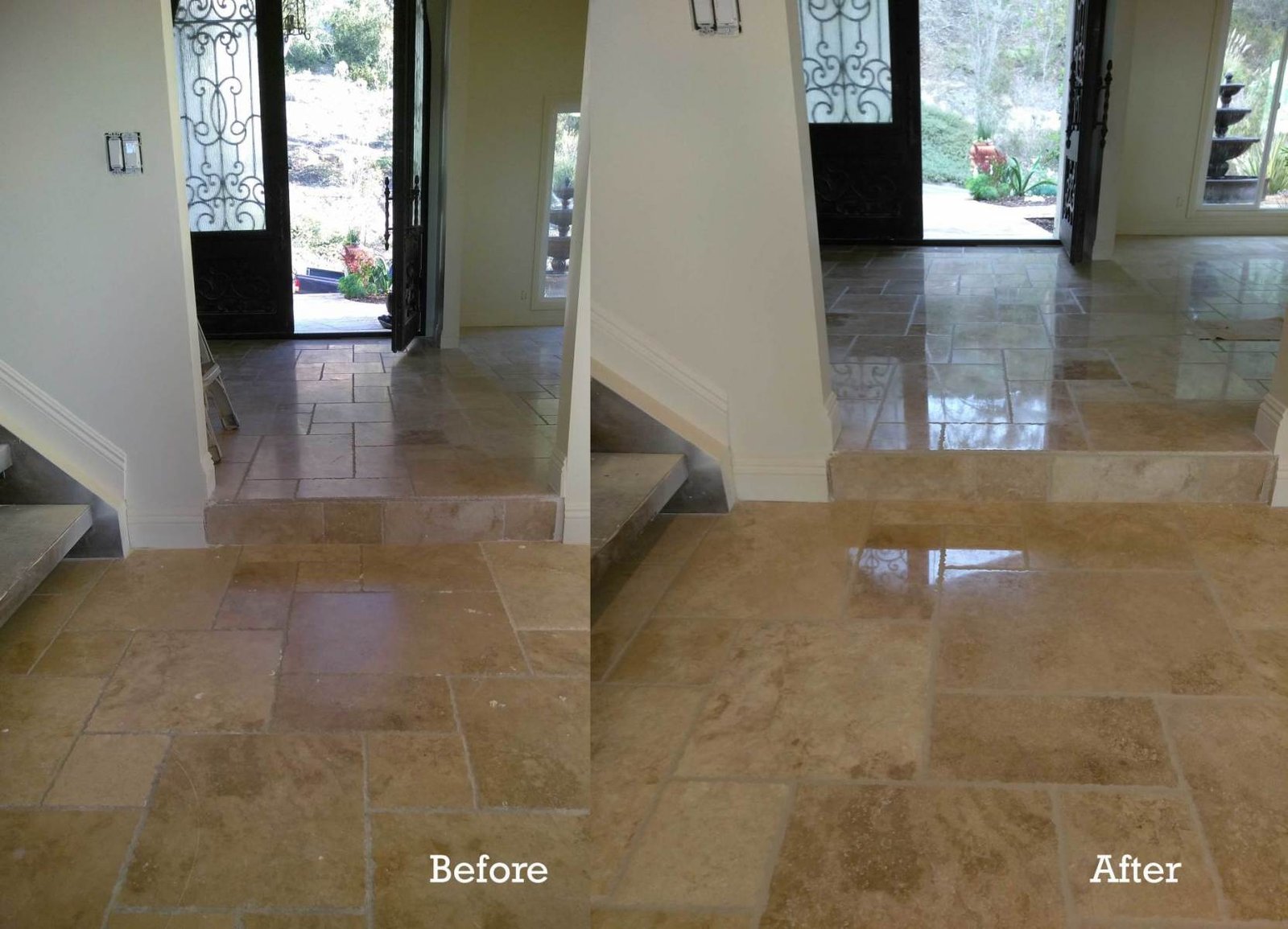Stone entry floor before and after restoration