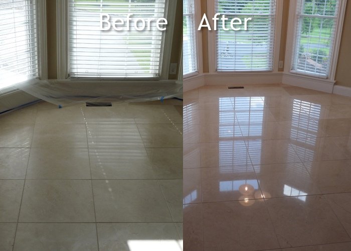 Marble dining room floor before and after restoration