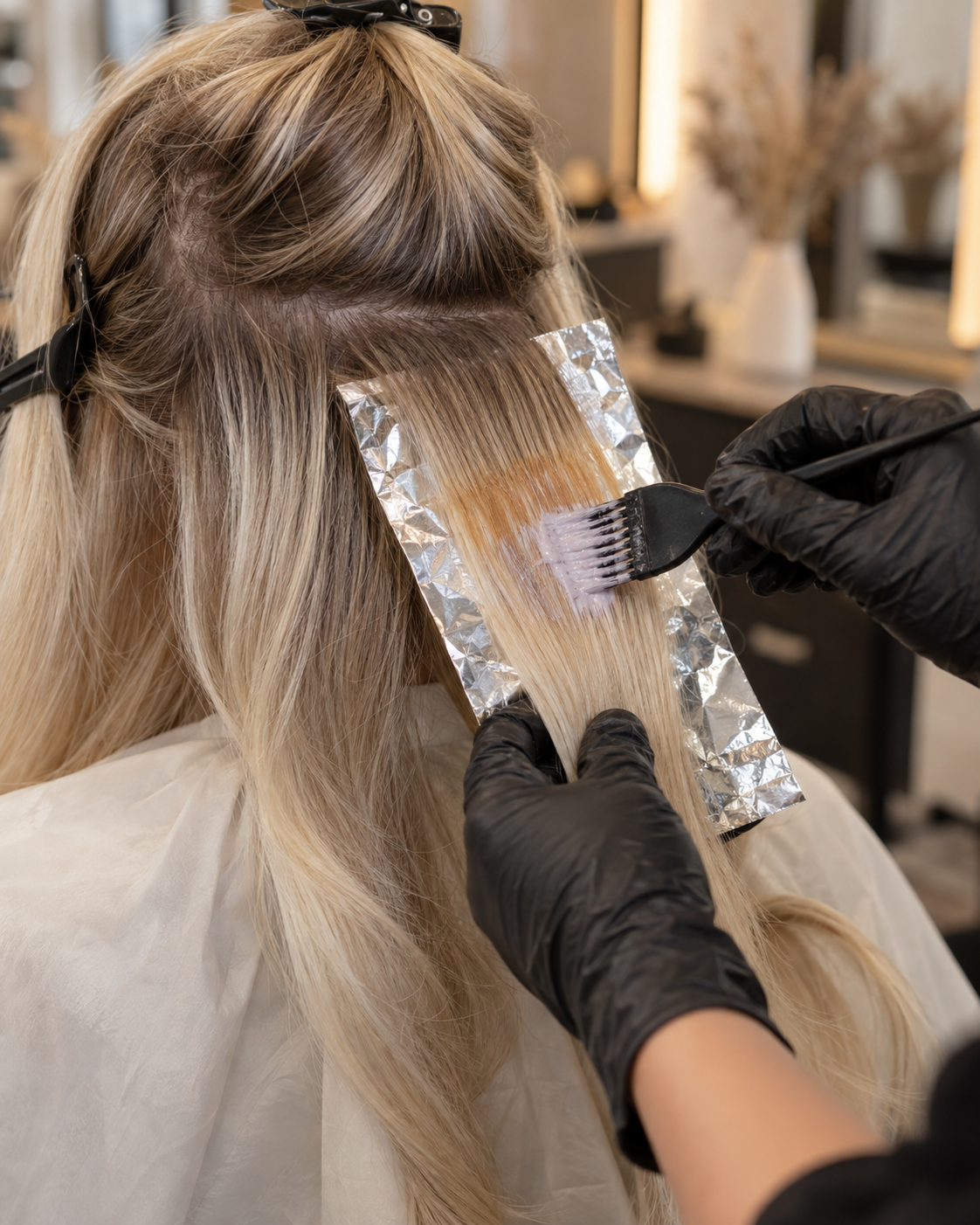 Corrective hair color applied to an uneven warm band