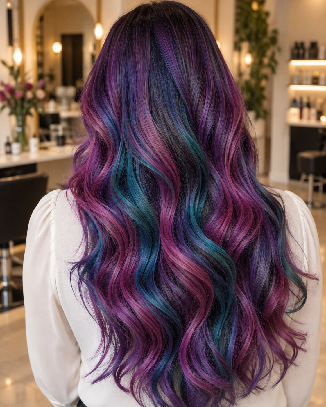 Violet, magenta, and teal fantasy hair color