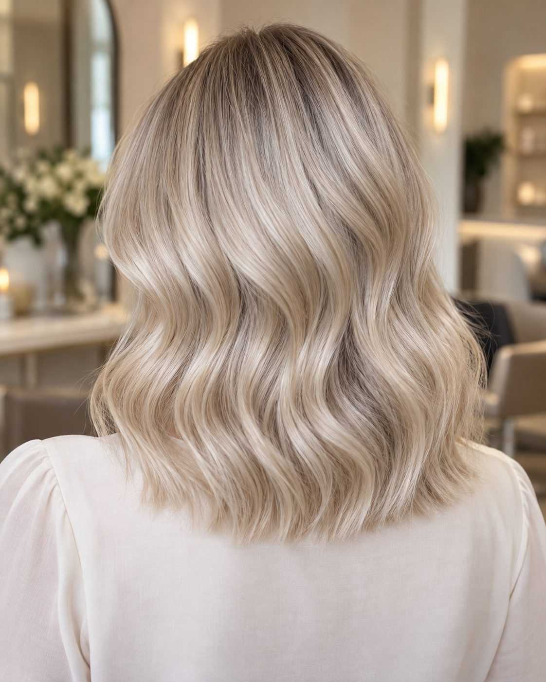 Cool pearl-blonde hair styled in soft waves