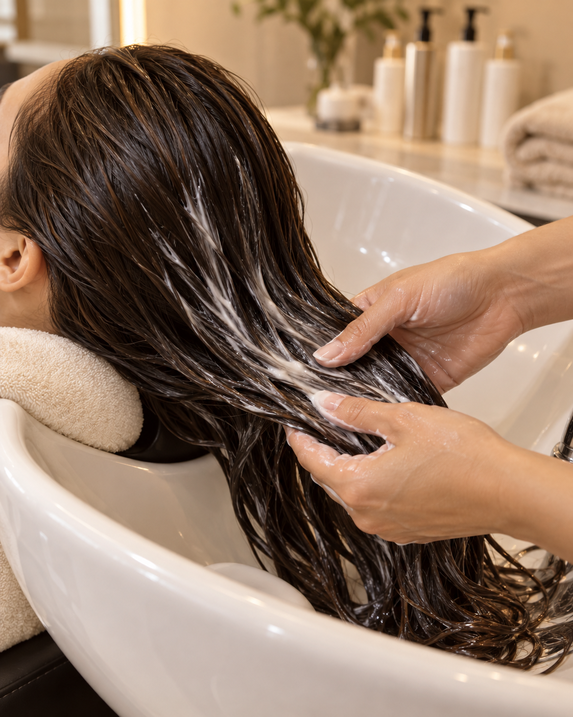 Conditioning treatment applied to hair at a wash basin